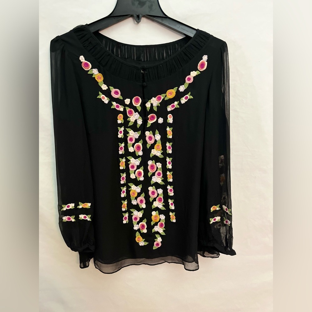 nanette lepore women’s sheer black floral embroidered long sleeve small